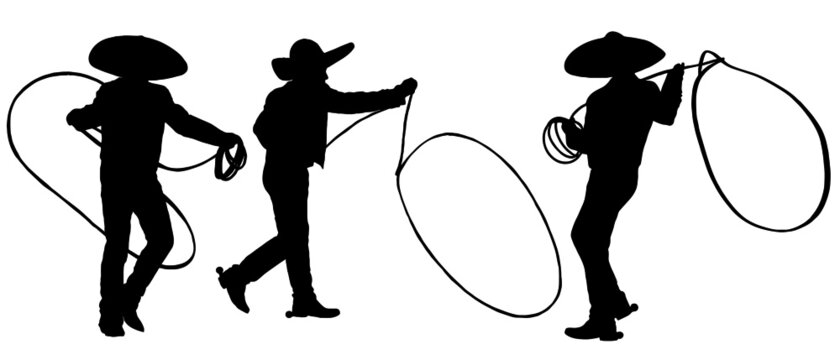 Silhouette of Mexican Cowboys with lasso rope doing tricks