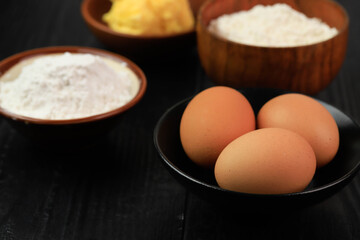Preparing Baking. Five Bowl with Flour, Chocolate, Butter, Sugar, And Eggs.