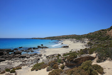 Kedrodasos beach private paradise blue lagoon free camping area rocky coast with crystal waters and...