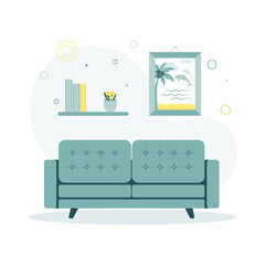 Vector illustration of the room in which the sofa stands, behind it on the wall is a shelf with books, a flower pot with a houseplant, a picture on which is a palm tree, sea, dolphin
