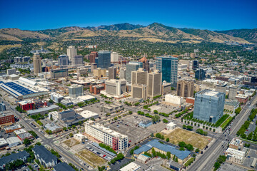 Aerial View of the Downtown Skyline of Salt Lake City, Capitol of Utah and the Mormon Religion