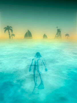 Scuba diver silhouette swimming to tropical island under water in the ocean near the surface. Top vew