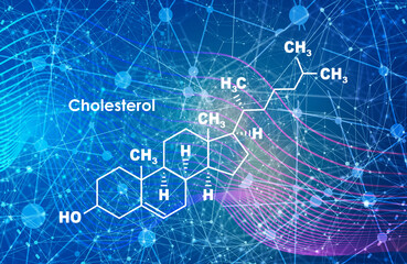 Fototapeta na wymiar Chemical molecular formula of cholesterol. Infographics illustration. Connected lines with dots background.