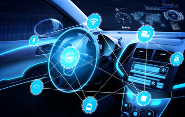 Driverless car interior with futuristic dashboard for autonomous control system . Inside view of...