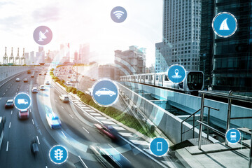 Smart transport technology concept for future car traffic on road . Virtual intelligent system...
