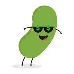 Cute flat cartoon green bean illustration. Vector illustration of cute bean with a smiling expression.