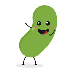 Cute flat cartoon green bean illustration. Vector illustration of cute bean with a smiling expression.