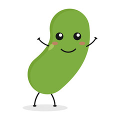Cute flat cartoon green bean illustration. Vector illustration of cute bean with a smiling expression.