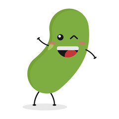 Cute flat cartoon green bean illustration. Vector illustration of cute bean with a smiling expression.