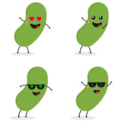 Cute flat cartoon green bean illustration. Vector illustration of cute bean with a smiling expression.