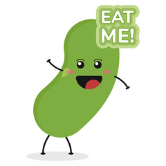 Cute flat cartoon green bean illustration. Vector illustration of cute bean with a smiling expression.