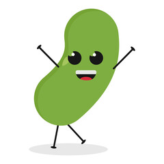 Cute flat cartoon green bean illustration. Vector illustration of cute bean with a smiling expression.