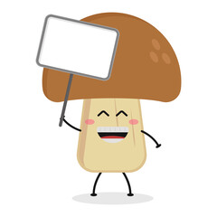 Cute flat cartoon mushroom holding a sign illustration. Vector illustration of cute mushroom with a smiling expression.