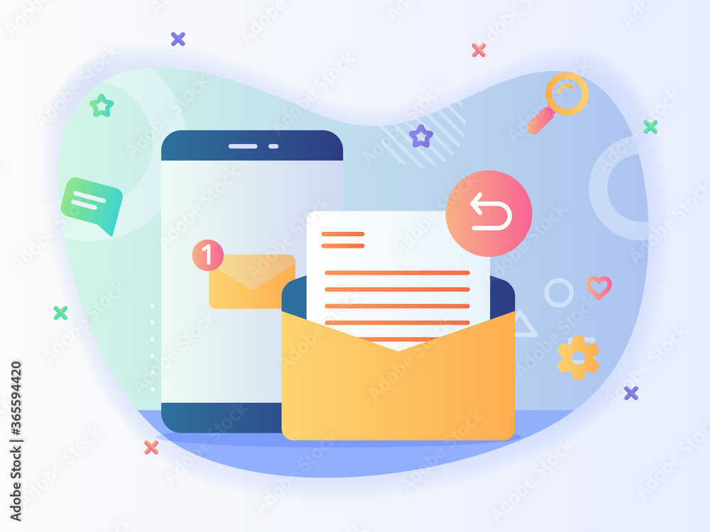 Aufkleber notification new message on smartphone screen reply email concept email service with flat style.