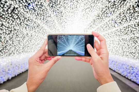 Light Illumination Tunnel in Nabana no sato winter illumination at night in Nagoya, Japan. It is one of Japan's largest illumination parks.