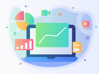 Graph curve on laptop screen background of pie chart camera video business presentation concept with flat style.
