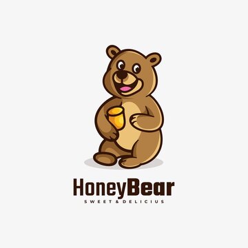 Vector Logo Illustration honey Bear Simple Mascot Style.
