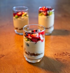 Parfait dessert with Yogurt, strawberry, granola, kiwi and chocolate chips