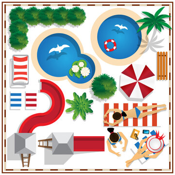 A Set Of Elements For The Water Park. Isolated On White Background. View From Above. Vector Illustration.