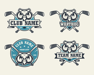 Warthog head sport logo. Set of hockey emblems, badges, logos and labels. Design element for company logo, label, emblem, apparel or other merchandise. Scalable and editable Vector illustration.