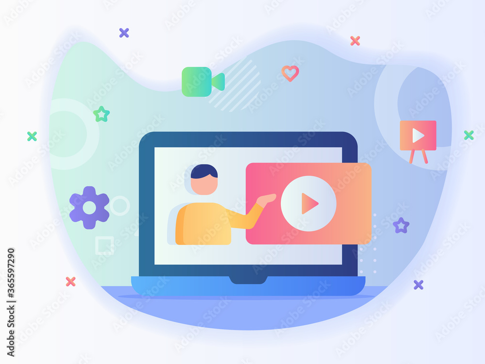 Aufkleber man give tutorial video online in laptop screen concept mentoring video course with flat style.