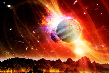 Fantasy landscape of alien planet. Sci-fi wallpaper. Elements of this image furnished by NASA.