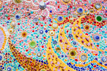 PHETCHABUN, THAILAND - September 2, 2016 : Colorful of wall. Made from Benjarong are name of Thai porcelain with designs in five colours at Wat phasornkaew in Phetchabun, Thailand September 2, 2016