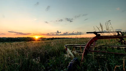 Foto op Plexiglas hay rake next to a prairie field © claflin