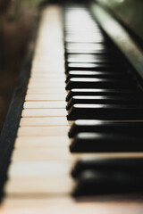 Background image of an old piano. Classic keys, music
