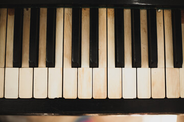 Background image of an old piano. Classic keys, music
