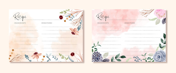 recipe card template with beautiful floral watercolor