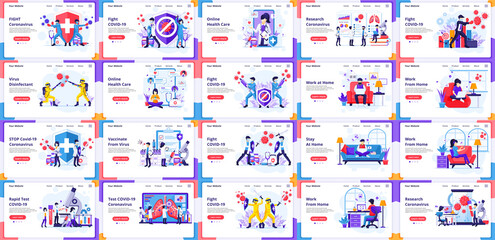 Set of landing page design templates, Big collection of COVID-19 Coronavirus, doctor, and nurses fight virus. can use for web banner, infographics, landing page, web template. flat vector illustration