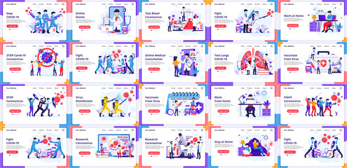 Set of landing page design templates, Big collection of COVID-19 Coronavirus, doctor, and nurses fight virus. can use for web banner, infographics, landing page, web template. flat vector illustration