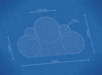 Cloud computing network technology symbol blueprint and service qualities: speed, capacity, software, safety, price. Concepts: Internet web files storage, database, iCloud, Google Drive, Dropbox etc.
