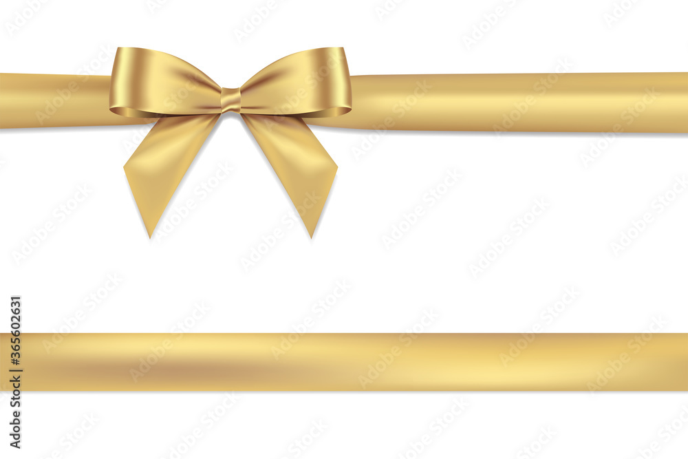 Wall mural golden bow realistic shiny satin and ribbon place on corner of paper with shadow vector eps10 isolat