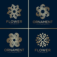 Golden flower and ornament logo collection, line art, gold, beauty, decoration, icon Premium Vector