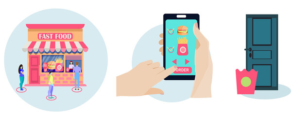 The concept of online shopping. No queue. Buy food using the app on your phone. Advertising banner. Order products online by phone. Contactless delivery to the door. Vector illustration in flat style.