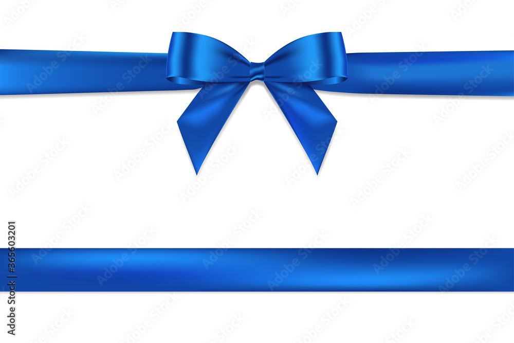 Poster Realistic Blue bow shiny satin and ribbon horizontal line with shadow vector EPS10 isolated on white background
