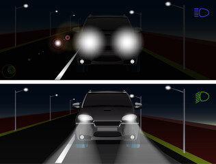 Vector illustration of car's high beam vs low beam at night