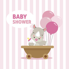 Baby Shower greeting card with little Rhinoceros. Vector illustration.