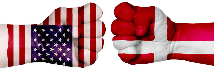 Two hands are clenched into fists and are located opposite each other. Hands painted in the colors of the flags of the countries. Denmark vs USA