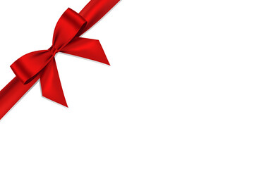 Realistic red bow shiny satin and ribbon with shadow place on corner of paper  for decorate your greeting card vector isolated on white background