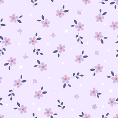 Floral seamless pattern with little purple flower and leaves on violet background vector.