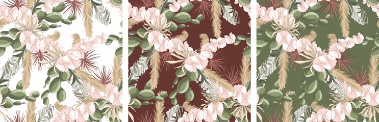 Flowers pattern of tropical leaves. Monstera. Orchid. palm. Cactuses. White green Burgundy beige