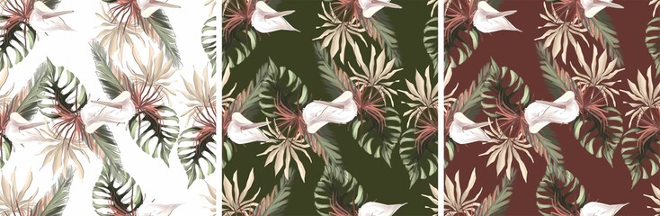 Flowers pattern of tropical leaves. Monstera. Orchid. palm. Cactuses. White green Burgundy beige