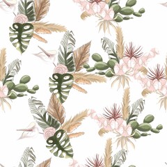 Flowers pattern of tropical leaves. Monstera. Orchid. palm. Cactuses. White green Burgundy beige