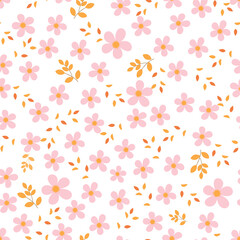 Floral seamless pattern with pink flower and leaves on a white background vector.