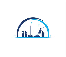 picture of mop, vacuum cleaner and sprayer bottle vector logo design for housekeeping and cleaning service