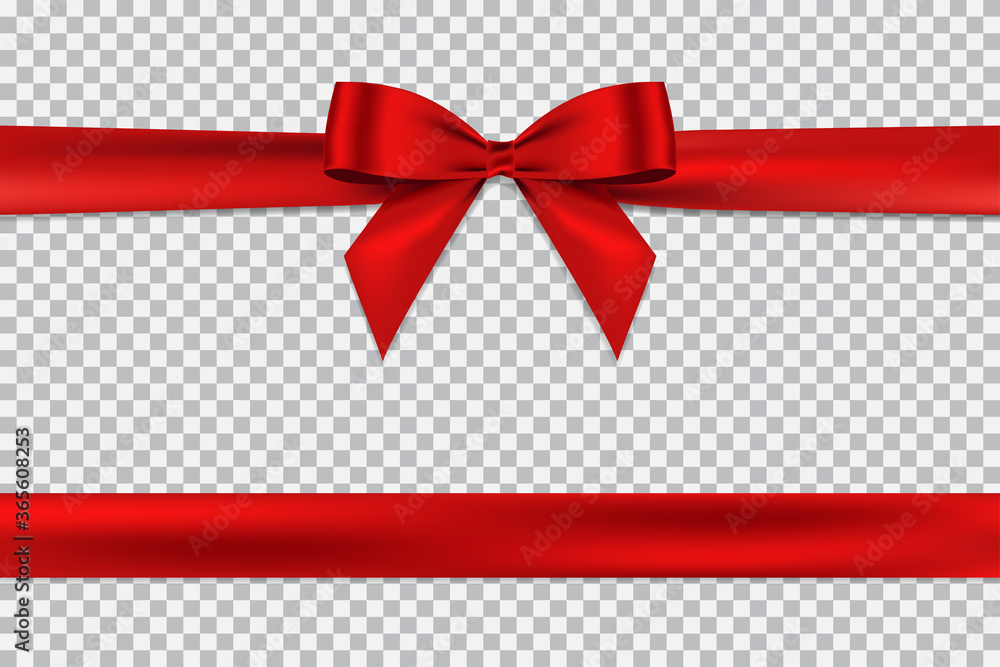 Wall mural red bow and horizontal ribbon realistic shiny satin with shadow for decorate your greeting card or w