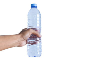 Hand holding bottle of water isolated on white background